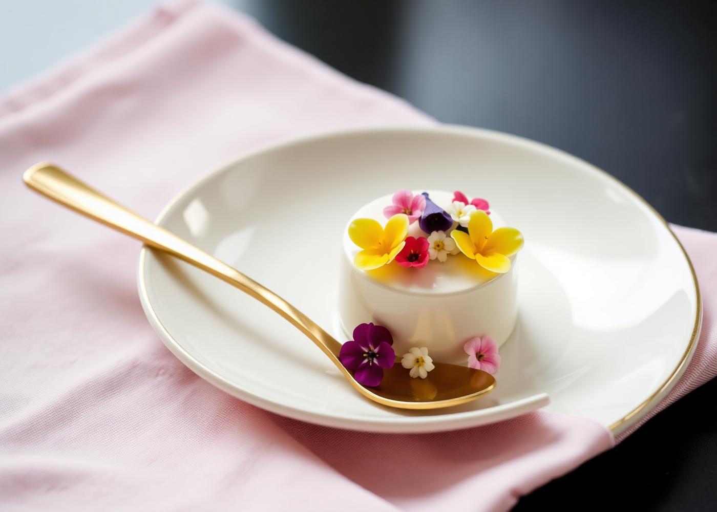 Õrn dessert söödavate lilledega